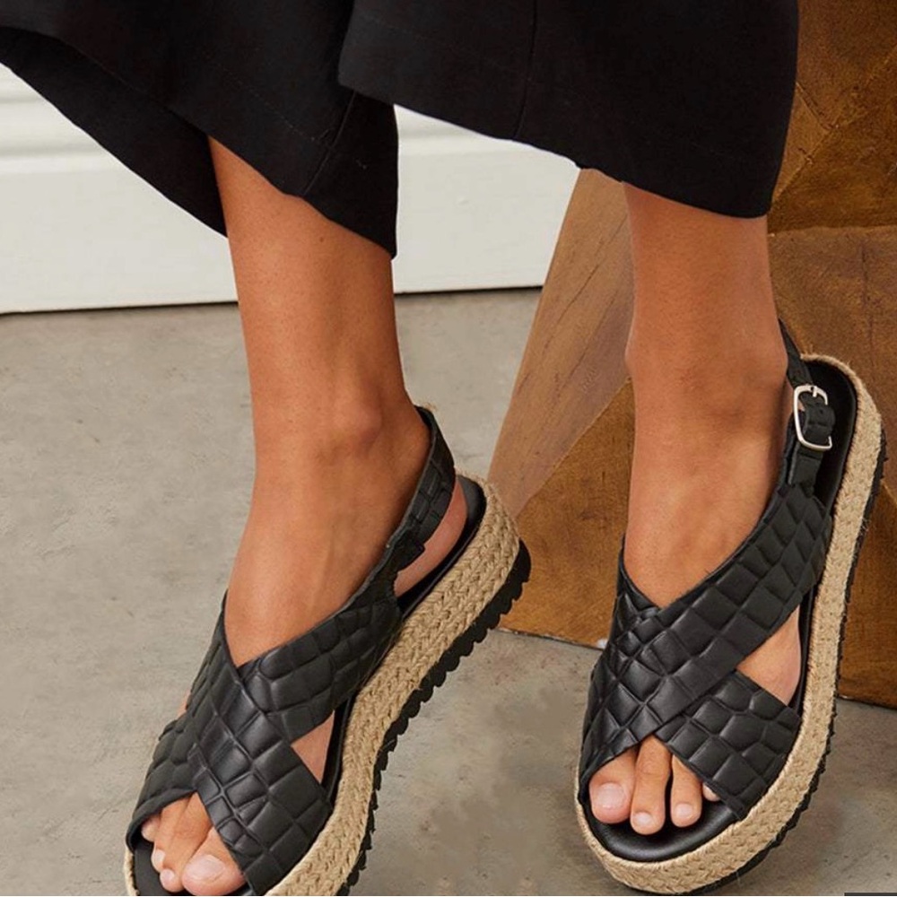 Karen Kane Leather Black Quilted Espadrille Platform Sandals 8 (39)